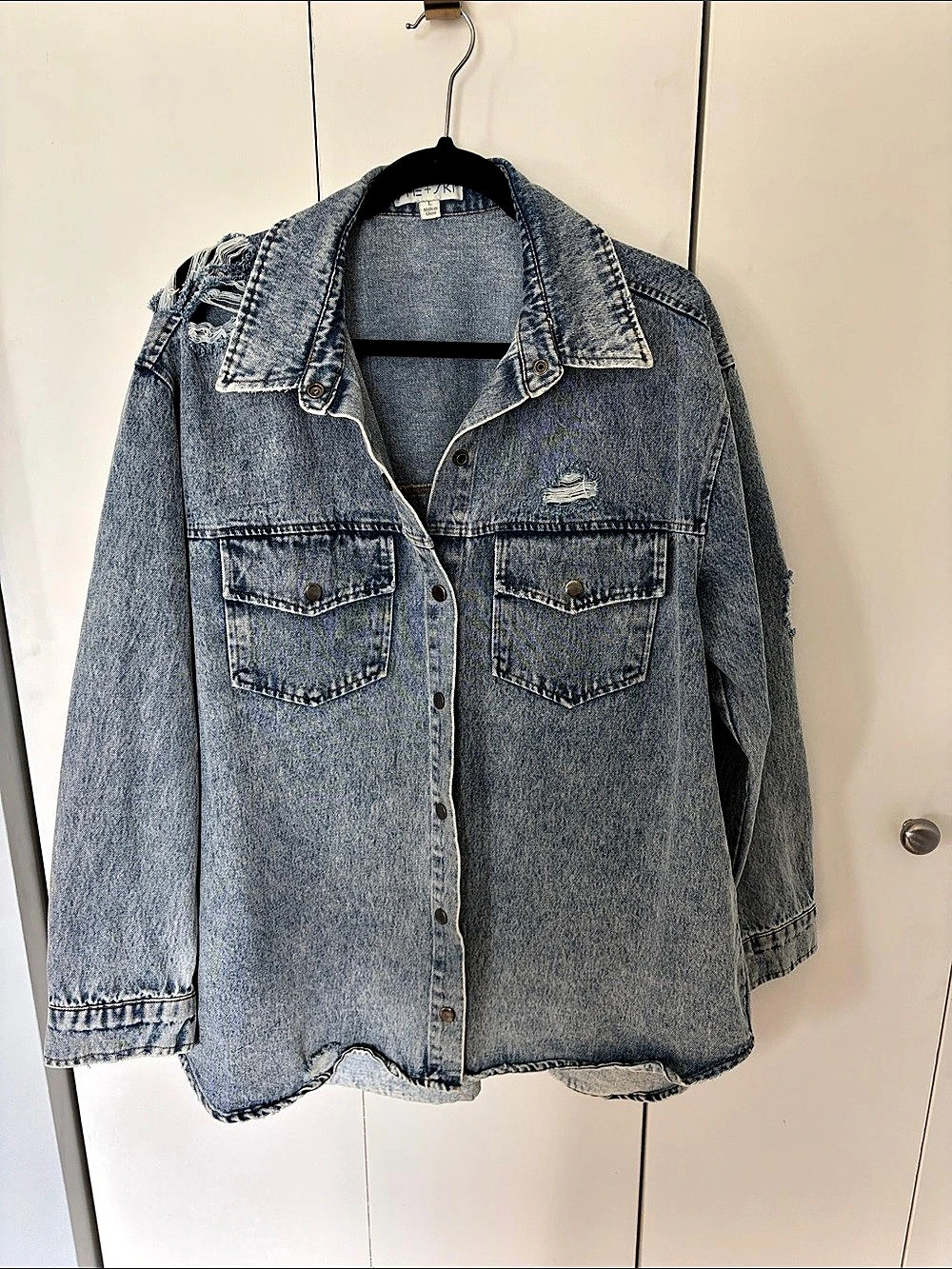 She + Sky Women's Blue Denim Distressed Jean Jacket